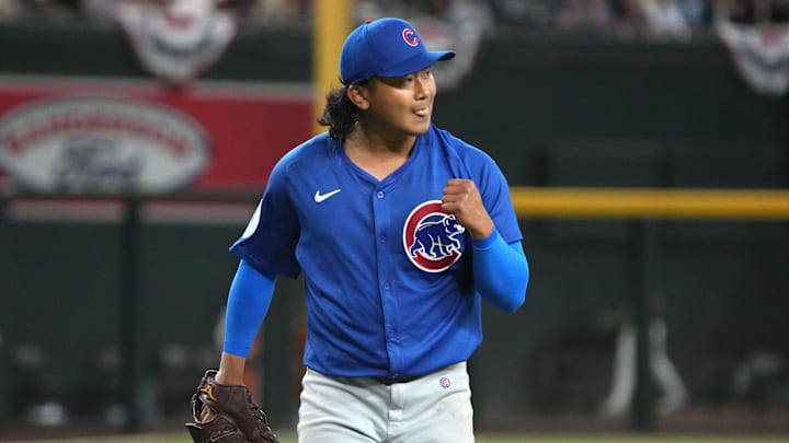 Mar 29, 2025; Phoenix, Arizona, USA; Chicago Cubs pitcher Shota Imanaga (18) reacts after the seventh inning against the Arizona Diamondbacks at Chase Field.