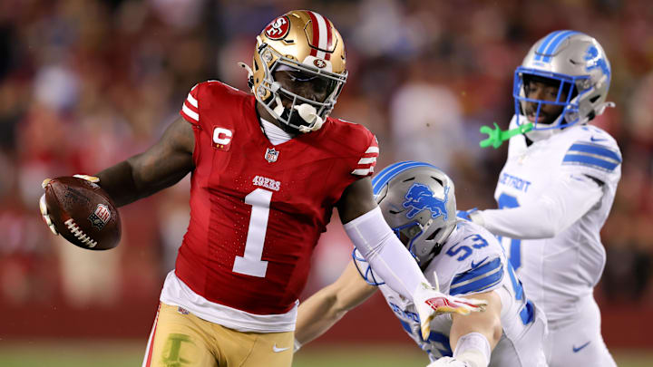 Dec 30, 2024; Santa Clara, California, USA; San Francisco 49ers wide receiver Deebo Samuel Sr. (1) runs with the ball during the first quarter against the Detroit Lions at Levi's Stadium. Mandatory Credit: Sergio Estrada-Imagn Images