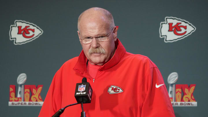 Feb 4, 2025; New Orleans, LA, USA; Kansas City Chiefs head coach Andy Reid at a press conference in advance of Super Bowl LIX at New Orleans Marriott. Mandatory Credit: Kirby Lee-Imagn Images Feb 4, 2025; New Orleans, LA, USA; Kansas City Chiefs head coach Andy Reid at a press conference in advance of Super Bowl LIX at New Orleans Marriott. Mandatory Credit: Kirby Lee-Imagn Images