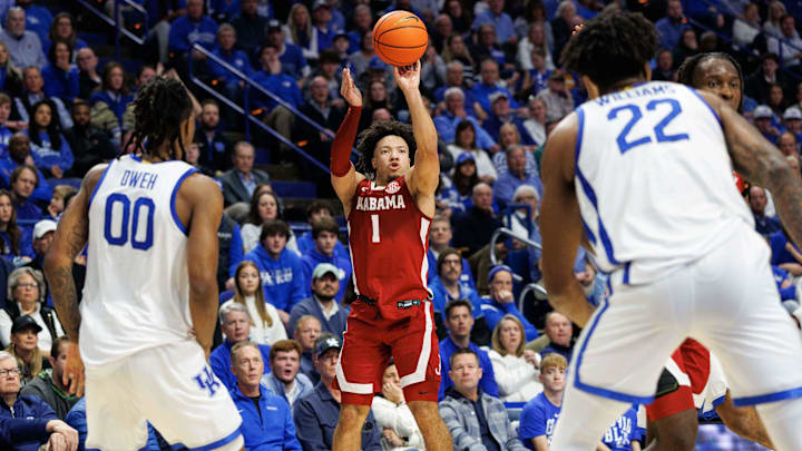 Jan 18, 2025; Lexington, Kentucky, USA; Alabama Crimson Tide guard Mark Sears (1) shoots the ball during the first half against the Kentucky Wildcats at Rupp Arena at Central Bank Center. Mandatory Credit: Jordan Prather-Imagn Images