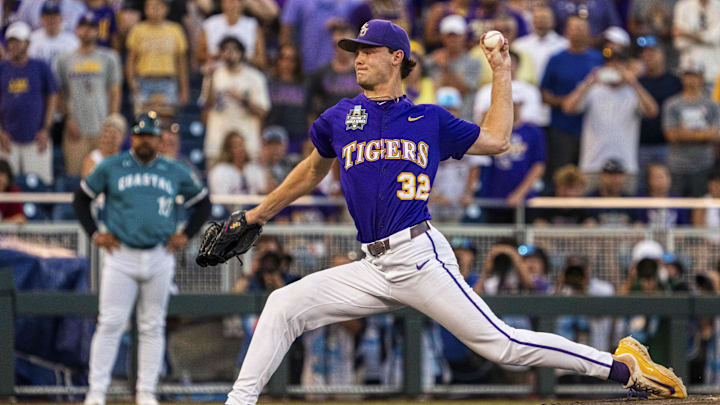 Jun 21, 2025; Omaha, Neb, USA; LSU Tigers starting pitcher Kade Anderson (32) pitches against the Coastal Carolina Chanticleers during the ninth inning at Charles Schwab Field. Mandatory Credit: Dylan Widger-Imagn Images