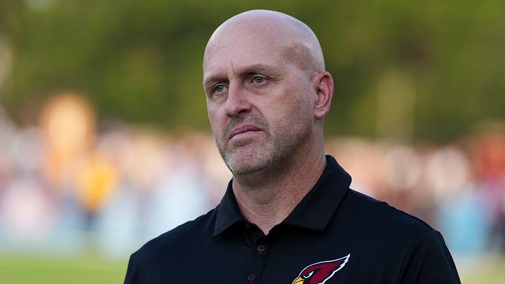Aug 6, 2026; Canton, Ohio, USA; Arizona Cardinals general manager Monti Ossenfort on the sidelines prior to the game against the Carolina Panthers at Tom Benson Hall of Fame Stadium. Mandatory Credit: Kirby Lee-Imagn Images