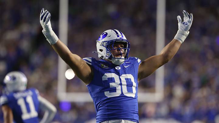 BYU defensive end Braxton Lindsey celebrates during the Cougars’ win over No. 2 Notre Dame on Saturday. BYU defensive end Braxton Lindsey celebrates during the Cougars’ win over No. 2 Notre Dame on Saturday.