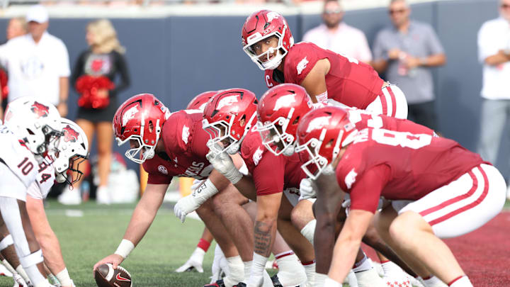 Sep 6, 2025; Little Rock, Arkansas, USA; Arkansas Razorbacks quarterback Taylen Green (10) at the line during the first quarter against the Arkansas State Red Wolves at War Memorial Stadium. Mandatory Credit: Nelson Chenault-Imagn Images