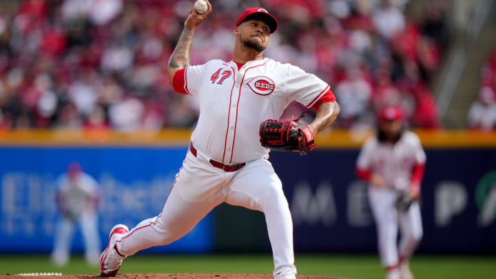 Cincinnati Reds starting pitcher Frankie Montas (47) delivers a pitch in the first inning of a baseball game against the Washington Nationals on Opening Day, Thursday, March 28, 2024, at Great American Ball Park in Cincinnati. Cincinnati Reds starting pitcher Frankie Montas (47) delivers a pitch in the first inning of a baseball game against the Washington Nationals on Opening Day, Thursday, March 28, 2024, at Great American Ball Park in Cincinnati.