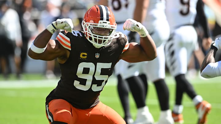 Sep 7, 2025; Cleveland, Ohio, USA; Cleveland Browns defensive end Myles Garrett (95) celebrates after a play during the second half against the Cincinnati Bengals at Huntington Bank Field. Mandatory Credit: Ken Blaze-Imagn Images