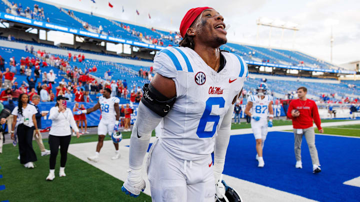 Sep 6, 2025; Lexington, Kentucky, USA; Mississippi Rebels linebacker TJ Dottery (6) runs off the field after the game against the Kentucky Wildcats at Kroger Field. Mandatory Credit: Jordan Prather-Imagn Images