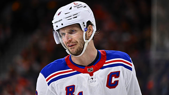 Feb 24, 2024; Philadelphia, Pennsylvania, USA; New York Rangers defenseman Jacob Trouba (8) looks on