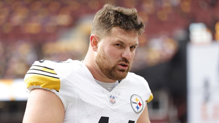 Nov 10, 2024; Landover, Maryland, USA; Pittsburgh Steelers long snapper Christian Kuntz (46) looks on from the sidelines during the first half against the Washington Commanders at Northwest Stadium. Mandatory Credit: Amber Searls-Imagn Images