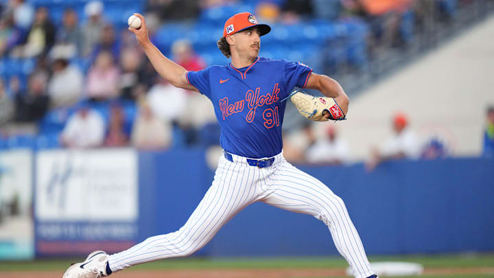 Mar 6, 2025; Port St. Lucie, Florida, USA; New York Mets pitcher Brandon Sproat (91) pitches against the Houston Astros at Clover Park. Mandatory Credit: Jim Rassol-Imagn Images Mar 6, 2025; Port St. Lucie, Florida, USA; New York Mets pitcher Brandon Sproat (91) pitches against the Houston Astros at Clover Park. Mandatory Credit: Jim Rassol-Imagn Images