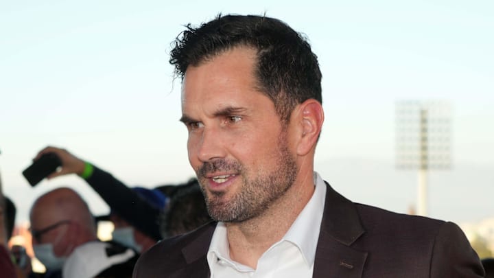 Nov 29, 2021; Los Angeles, CA, USA; Matt Leinart attends a press conference to introduce Riley as Southern California Trojans head coach at the Los Angeles Memorial Coliseum. Mandatory Credit: Kirby Lee-Imagn Images