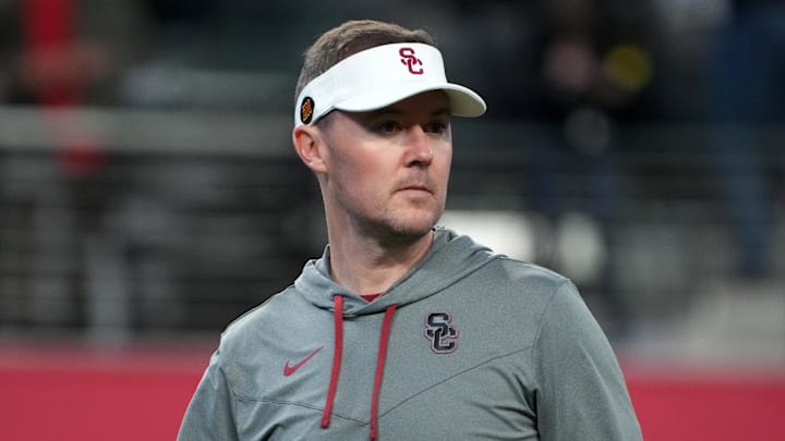 Dec 2, 2022; Las Vegas, NV, USA; Southern California Trojans head coach Lincoln Riley reacts in the first half of the Pac-12 Championship against the Utah Utes at Allegiant Stadium. 