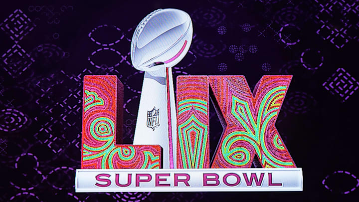 Feb 12, 2024; Las Vegas, NV, USA; The Super Bowl LIX logo at the Super Bowl Host Committee Handoff press conference at the Super Bowl LVIII media center at the Mandalay Bay North Convention Center. Mandatory Credit: Kirby Lee-Imagn Images