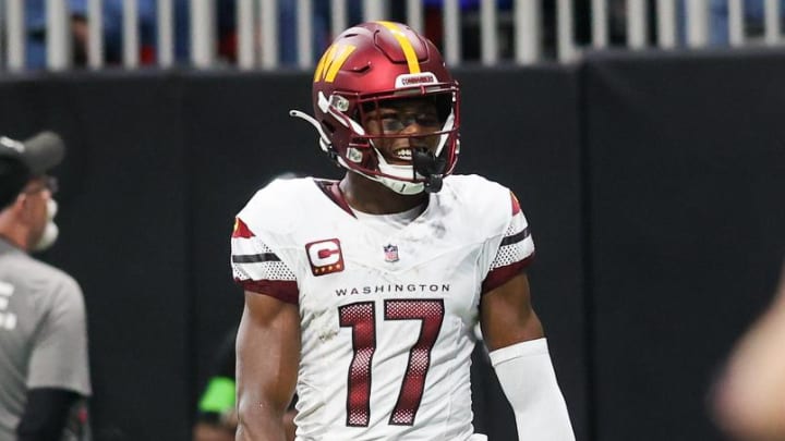 Oct 15, 2023; Atlanta, Georgia, USA; Washington Commanders wide receiver Terry McLaurin (17) reacts after a catch against the Atlanta Falcons in the second quarter at Mercedes-Benz Stadium. Mandatory Credit: Brett Davis-USA TODAY Sports