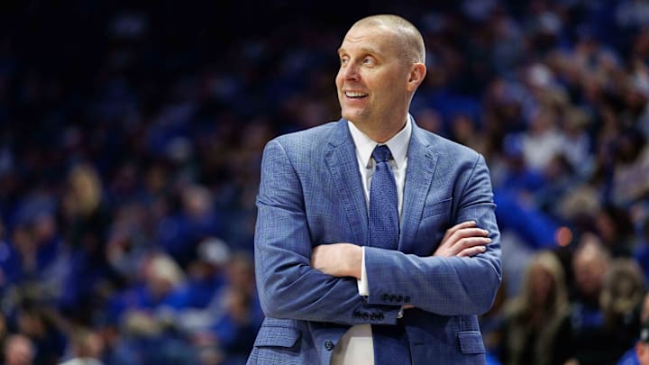 Feb 8, 2025; Lexington, Kentucky, USA; Kentucky Wildcats head coach Mark Pope looks on during the second half against the South Carolina Gamecocks at Rupp Arena at Central Bank Center. Mandatory Credit: Jordan Prather-Imagn Images
