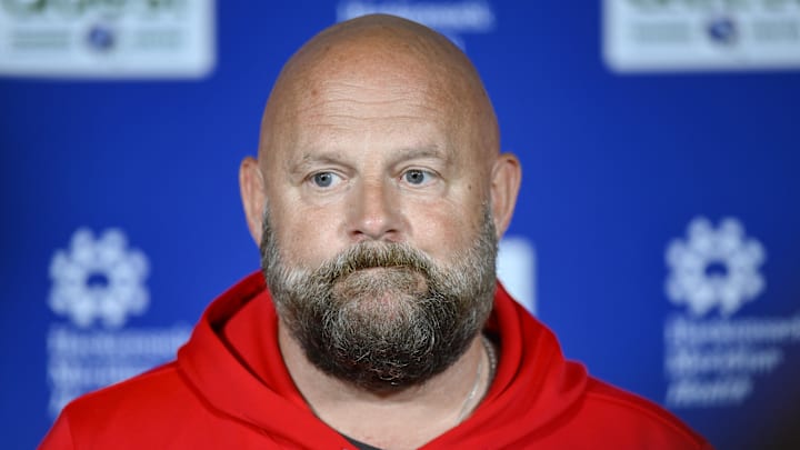 Jun 17, 2025; East Rutherford, NJ, USA; New York Giants head coach Brian Daboll speaks at a press conference during minicamp at Quest Diagnostics Training Center.  