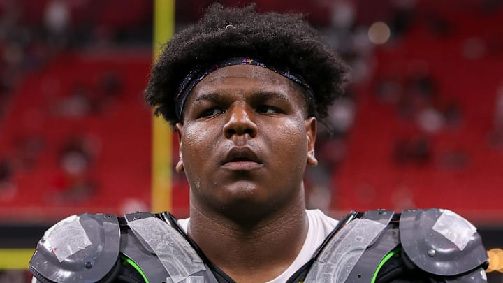 Sep 28, 2025; Atlanta, Georgia, USA; Washington Commanders offensive tackle Josh Conerly Jr. (72) on the field during a game against the Atlanta Falcons at Mercedes-Benz Stadium.