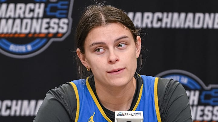 Mar 26, 2026; Sacramento, CA, USA; UCLA Bruins forward Gabriela Jaquez (11) speaks to the media during a press conference ahead of the Sacramento Regional 2 of the women’s 2026 NCAA tournament at Golden 1 Center. Mandatory Credit: Ed Szczepanski-Imagn Images