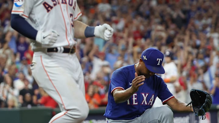 Oct 23, 2023; Houston, Texas, USA; The Texas Rangers pitcher Jose Leclerc (25) celebrates defeating