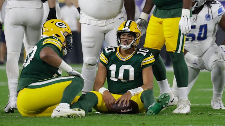 Green Bay Packers quarterback Jordan Love (10) reacts after getting sacked against the Detroit Lions in the first quarter during their football game Thursday, September 28, 2023, at Lambeau Field in Green Bay, Wis. 

Dan Powers/USA TODAY NETWORK-Wisconsin.