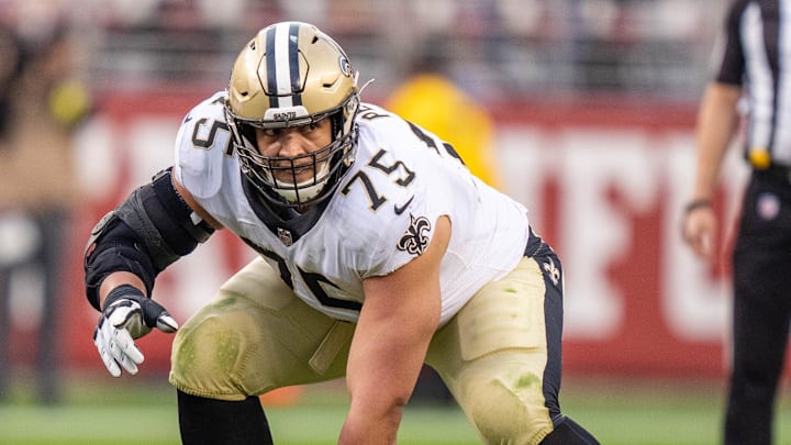 November 27, 2022; Santa Clara, California, USA; New Orleans Saints guard Andrus Peat (75) during the fourth quarter against the San Francisco 49ers at Levi's Stadium. Mandatory Credit: Kyle Terada-USA TODAY Sports