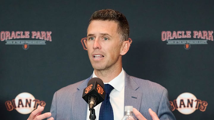 Oct 1, 2024; San Francisco, CA, USA; San Francisco Giants president of baseball operations Buster Posey addresses the media during an introductory press conference at Oracle Park. Oct 1, 2024; San Francisco, CA, USA; San Francisco Giants president of baseball operations Buster Posey addresses the media during an introductory press conference at Oracle Park.