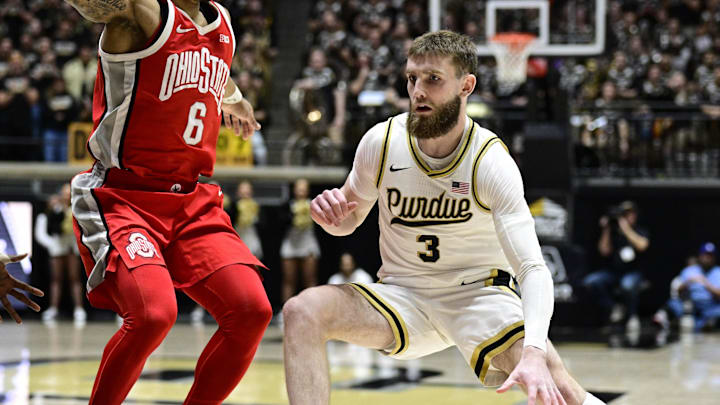 Jan 21, 2025; West Lafayette, Indiana, USA; Purdue Boilermakers guard Braden Smith (3) finds Ohio State Buckeyes guard Ques Glover (6) while running down court during the second half at Mackey Arena. Mandatory Credit: Marc Lebryk-Imagn Images Jan 21, 2025; West Lafayette, Indiana, USA; Purdue Boilermakers guard Braden Smith (3) finds Ohio State Buckeyes guard Ques Glover (6) while running down court during the second half at Mackey Arena. Mandatory Credit: Marc Lebryk-Imagn Images