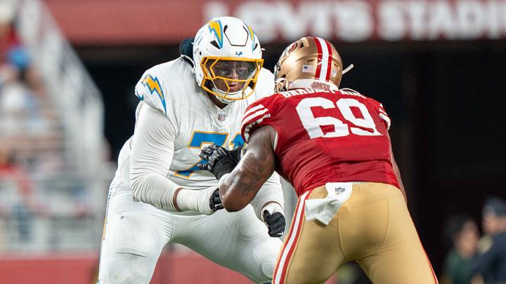 August 23, 2025; Santa Clara, California, USA; Los Angeles Chargers guard Branson Taylor (71) blocks San Francisco 49ers defensive end William Bradley-King (69) during the fourth quarter at Levi's Stadium. Mandatory Credit: Kyle Terada-Imagn Images August 23, 2025; Santa Clara, California, USA; Los Angeles Chargers guard Branson Taylor (71) blocks San Francisco 49ers defensive end William Bradley-King (69) during the fourth quarter at Levi's Stadium. Mandatory Credit: Kyle Terada-Imagn Images