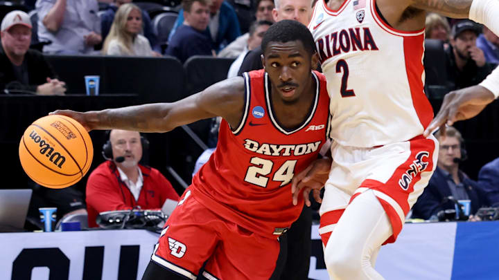 Mar 23, 2024; Salt Lake City, UT, USA; Dayton Flyers guard Kobe Elvis (24) drives against Arizona Mar 23, 2024; Salt Lake City, UT, USA; Dayton Flyers guard Kobe Elvis (24) drives against Arizona