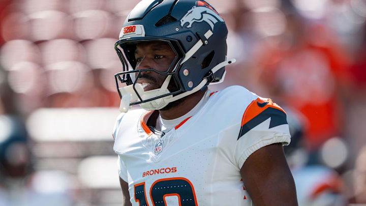 August 9, 2025; Santa Clara, California, USA; Denver Broncos wide receiver Marvin Mims Jr. (19) before the game against the San Francisco 49ers at Levi's Stadium. Mandatory Credit: Kyle Terada-Imagn Images
