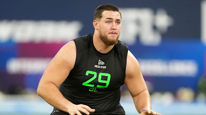 Mar 2, 2025; Indianapolis, IN, USA; West Virginia offensive lineman Wyatt Milum (OL29) during the 2025 NFL Scouting Combine at Lucas Oil Stadium. Mandatory Credit: Kirby Lee-Imagn Images