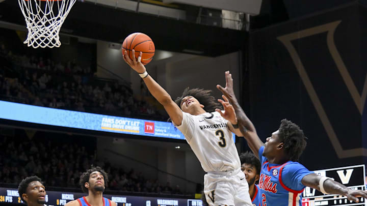 Jan 31, 2026; Nashville, TN, USA;  Vanderbilt Commodores guard Tyler Tanner (3) shoots the ball against the Mississippi Rebels during the second half at Memorial Gymnasium. Mandatory Credit: Steve Roberts-Imagn Images