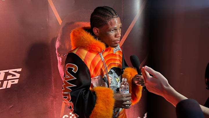 Raymond Ford in Riyadh answering questions after his victory over Abraham Nova Raymond Ford in Riyadh answering questions after his victory over Abraham Nova