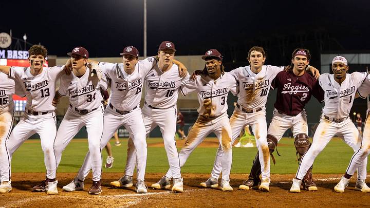 Texas A&M Aggies sing the War Hymm after the inaugural First Pitch scrimmage on Saturday, Feb. 8, 2025. Texas A&M Aggies sing the War Hymm after the inaugural First Pitch scrimmage on Saturday, Feb. 8, 2025.