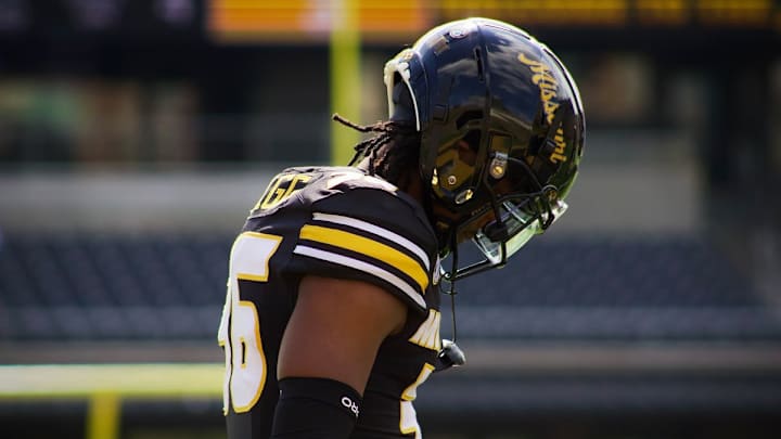 Mar 16, 2024; Columbia, MO, USA; Missouri Tigers safety Caleb Flagg stares at the field prior to a play during Missouri's annual Black & Gold Spring Game at Faurot Field.