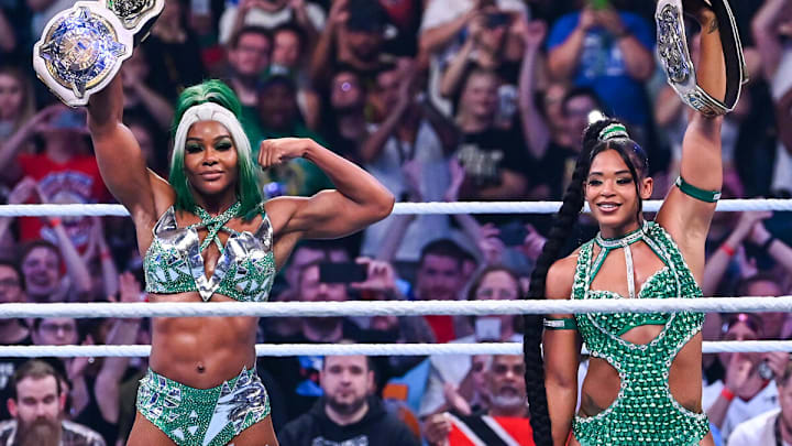Jade Cargill and Bianca Belair celebrate winning Women's Tag Titles at Bash in Berlin