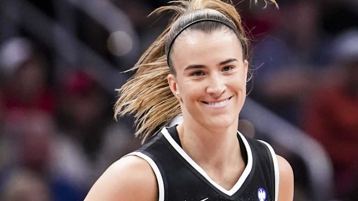 May 24, 2025; Indianapolis, Indiana, USA; New York Liberty guard Sabrina Ionescu (20) smiles after scoring during a game between the Indiana Fever and the New York Liberty at Gainbridge Fieldhouse. Mandatory Credit: Grace Smith/USA Today Network via Imagn Images