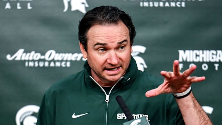 Michigan State coach Jonathan Smith talks the media on the first national signing day for college football recruits Wednesday, Dec. 4, 2024, at Spartan Stadium in East Lansing.