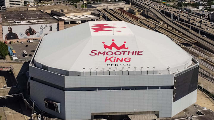 Apr 20, 2021; New Orleans, Louisiana, USA;  Detailed aerial view of the Smoothie King Center before the game between the New Orleans Pelicans and the Brooklyn Nets at the Smoothie King Center. 