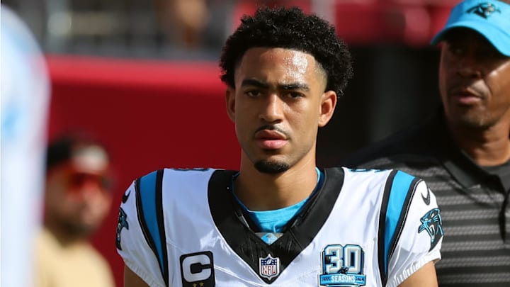 Dec 29, 2024; Tampa, Florida, USA; Carolina Panthers quarterback Bryce Young (9) against the Tampa Bay Buccaneers prior to the game at Raymond James Stadium. Mandatory Credit: Kim Klement Neitzel-Imagn Images