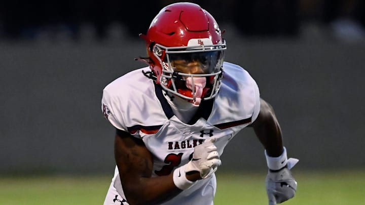 Brentwood Academy wide receiver Kesean Bowman (11) runs a route against CPA during an high school football game Saturday, Aug. 24, 2024, in Nashville, Tenn.
