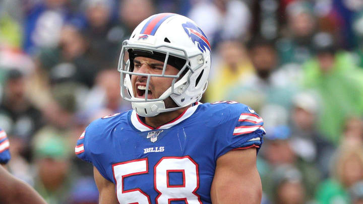 Bills linebacker Matt Milano celebrates a defensive stop against the Eagles.