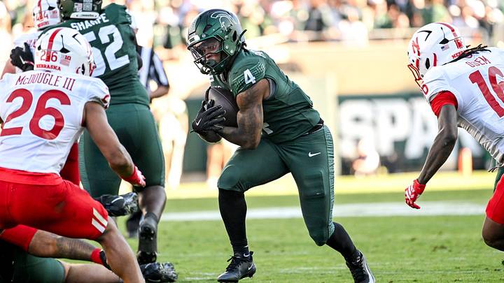 Michigan State’s Jaziun Patterson runs for a gain against Nebraska during the first quarter on Saturday, Sept. 26, 2026, in East Lansing. Michigan State’s Jaziun Patterson runs for a gain against Nebraska during the first quarter on Saturday, Sept. 26, 2026, in East Lansing.