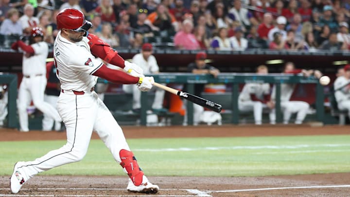 Arizona Diamondbacks first base Christian Walker (53) hits a single to drive in a run on Sept. 15, 2024, at Chase Field in Phoenix.