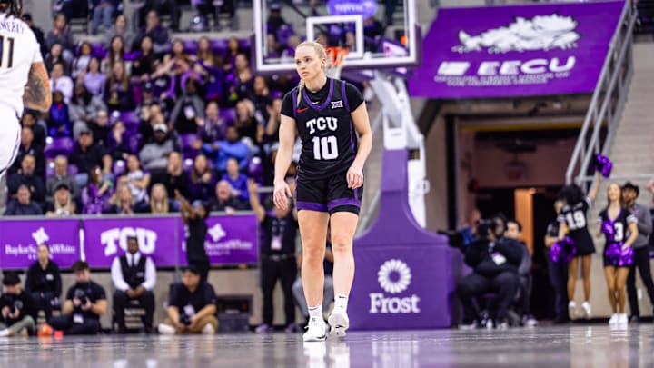 Hailey Van Lith gets back on defense in a TCU women's basketball win over No. 17 West Virginia on Sunday, February 24, 2025. Hailey Van Lith gets back on defense in a TCU women's basketball win over No. 17 West Virginia on Sunday, February 24, 2025.