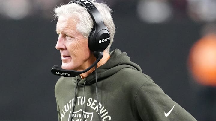 Nov 17, 2025; Paradise, Nevada, USA; Las Vegas Raiders head coach Pete Carroll during the second half of the game against the Dallas Cowboys at Allegiant Stadium. Mandatory Credit: Stephen R. Sylvanie-Imagn Images Nov 17, 2025; Paradise, Nevada, USA; Las Vegas Raiders head coach Pete Carroll during the second half of the game against the Dallas Cowboys at Allegiant Stadium. Mandatory Credit: Stephen R. Sylvanie-Imagn Images