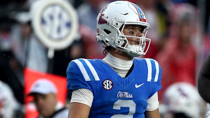 Nov 9, 2024; Oxford, Mississippi, USA; Mississippi Rebels quarterback Jaxson Dart (2) walks onto the field during the first half against the Georgia Bulldogs at Vaught-Hemingway Stadium. Mandatory Credit: Petre Thomas-Imagn Images