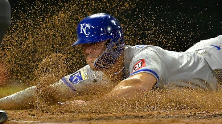 Sep 23, 2025; Anaheim, California, USA; Kansas City Royals right fielder Randal Grichuk (15) scores on a double by second baseman Adam Frazier (26) during the seventh inning against the Los Angeles Angels at Angel Stadium. Mandatory Credit: Jayne Kamin-Oncea-Imagn Images Sep 23, 2025; Anaheim, California, USA; Kansas City Royals right fielder Randal Grichuk (15) scores on a double by second baseman Adam Frazier (26) during the seventh inning against the Los Angeles Angels at Angel Stadium. Mandatory Credit: Jayne Kamin-Oncea-Imagn Images