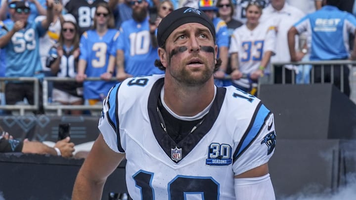 Sep 15, 2024; Charlotte, North Carolina, USA; Carolina Panthers wide receiver Adam Thielen (19) takes the field against the Los Angeles Chargers during the first quarter at Bank of America Stadium. Mandatory Credit: Jim Dedmon-Imagn Images