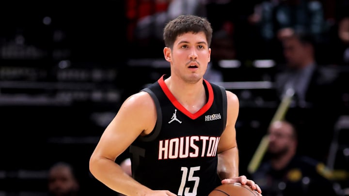 Mar 13, 2026; Houston, Texas, USA; Houston Rockets guard Reed Sheppard (15) handles the ball against the New Orleans Pelicans during the second quarter at Toyota Center. Mandatory Credit: Erik Williams-Imagn Images